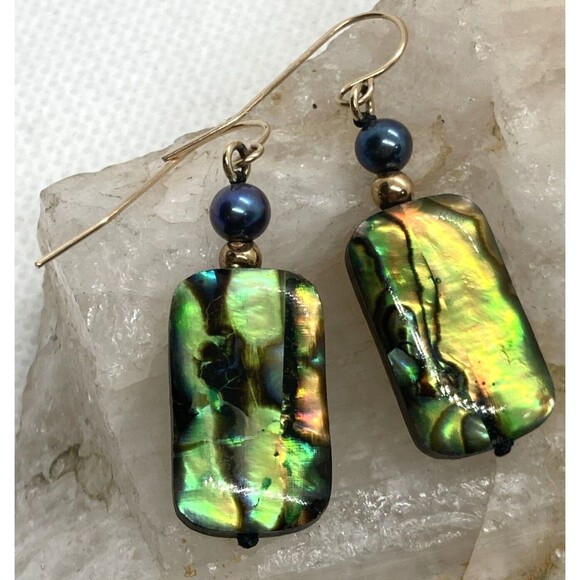 Vintage 10K Yellow Gold Abalone Shell Pearl Dangle Drop Earrings 2.2g - Picture 4 of 8